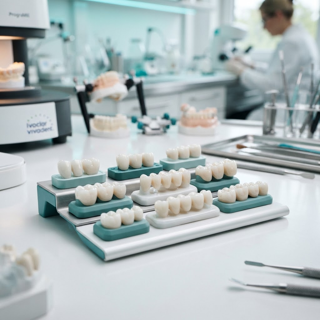 Precision ceramic dental crowns and bridges arranged in a modern dental laboratory